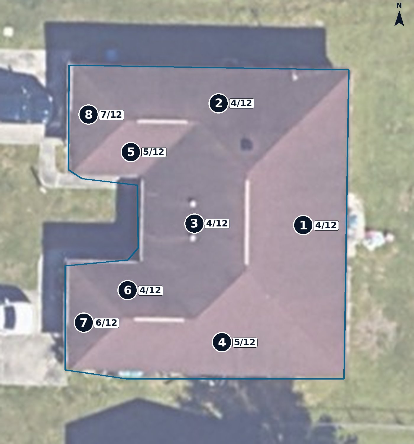 Roof map with each plane numbered and labeled with its pitch